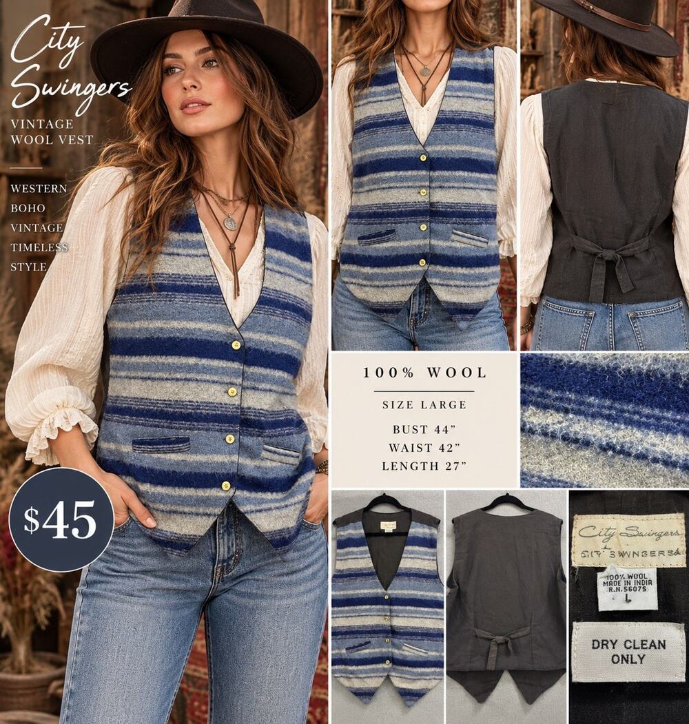 City Swingers Women’s L Wool Western Striped Vest Blue Gray Blanket Boho Vintage